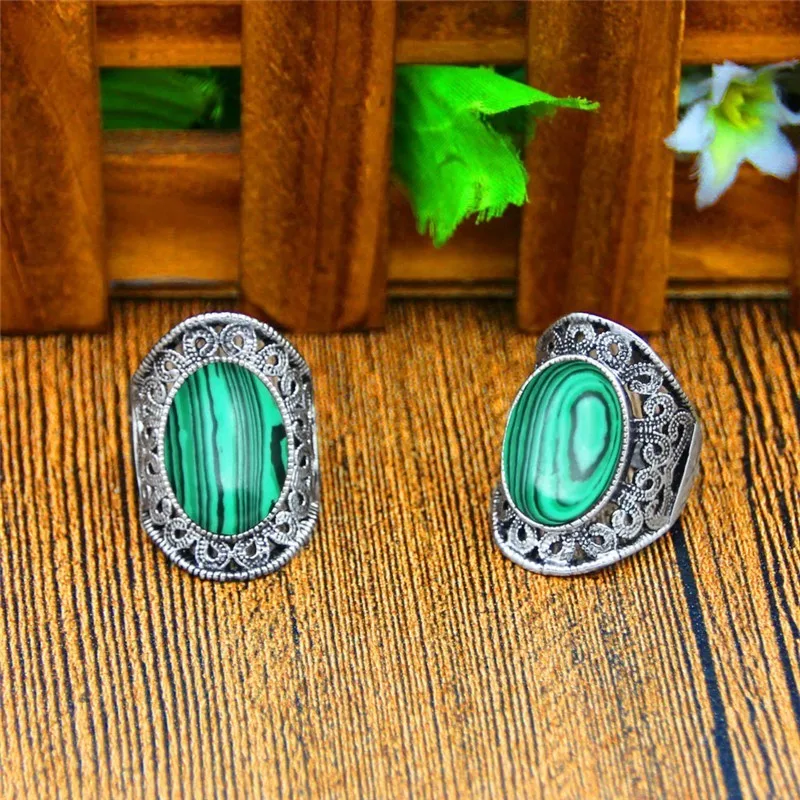 Oval Malchite Rings For Women Flower Desing Vintage Look Antique Silver Plated Fashion Jewelry TR666|Кольца| |