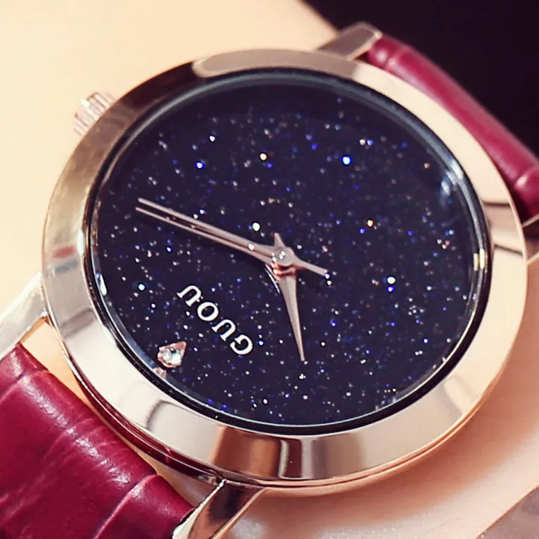 Роскошные модные Лидирующий бренд GUOU женские блестящие Кварцевые Часы наручные