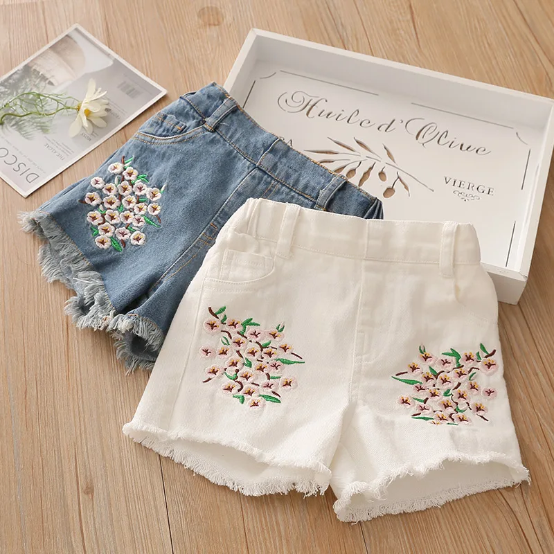 

2023 Summer New Fashion 3-6 8 10 12 Years Toddler Children Edge Elastic Waist Kids Baby Embroidery Floral Denim Shorts For Girls