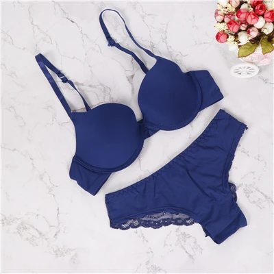 blue Женское нижнее белье, однотонный брендовый бюстгальтер, стринги, комплекты сексуального размера плюс, комплект нижнего белья, кружевной бюстгальтер и трусики, Женский комплект нижнего белья пуш-ап - Цвет: blue