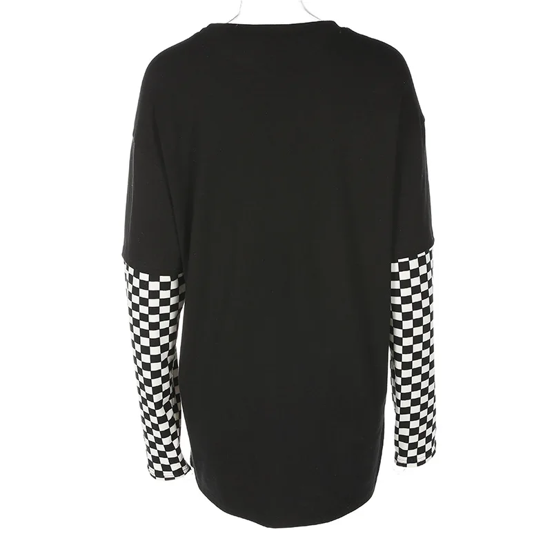 NEW Spring Autumn Plaid Patchwork Long Sleeve Flaming Heart Print Sweatshirt Hoodie Women Black Checkboard Pullover Hoodies | Женская