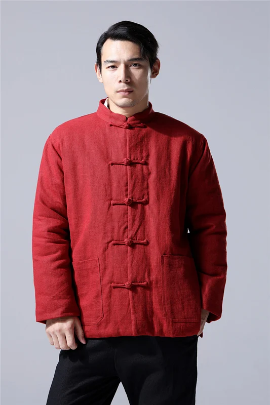 Deep Red Hisenky Мужская зимняя стеганая куртка chinoisery снаружи льняная подкладка хлопок сторона сплит теплые парки Стенд воротник пальто 3 цвета - Цвет: Deep Red