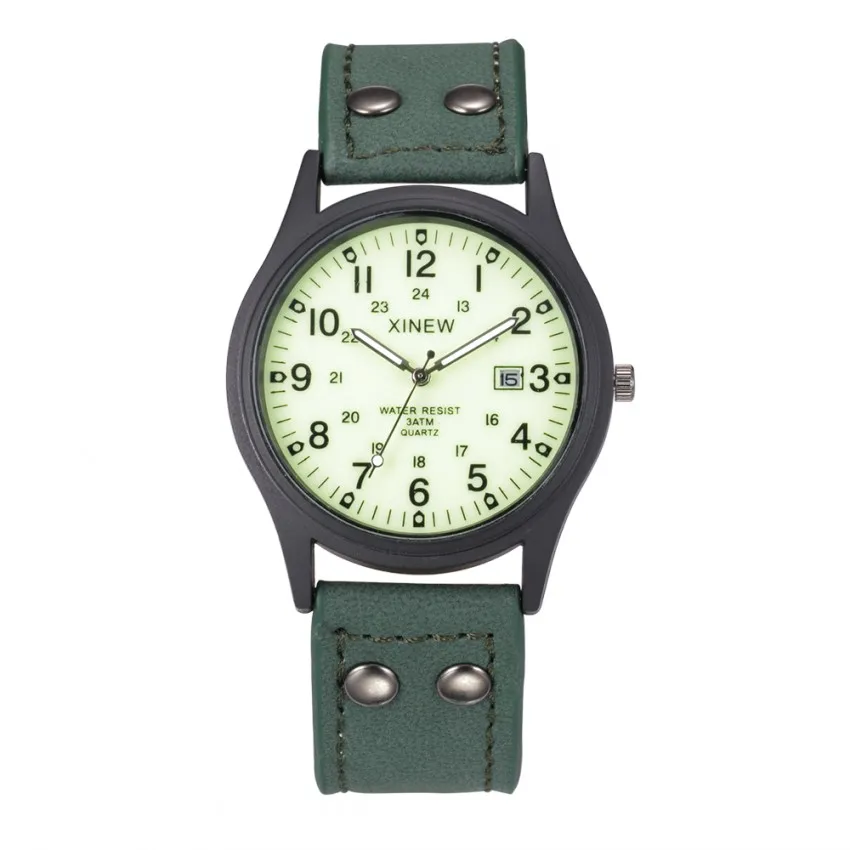 Light green XINEW мужские часы спортивный стиль кожаный ремешок светящийся циферблат повседневные кварцевые часы с календарем Relogio Masculino - Цвет: Light green