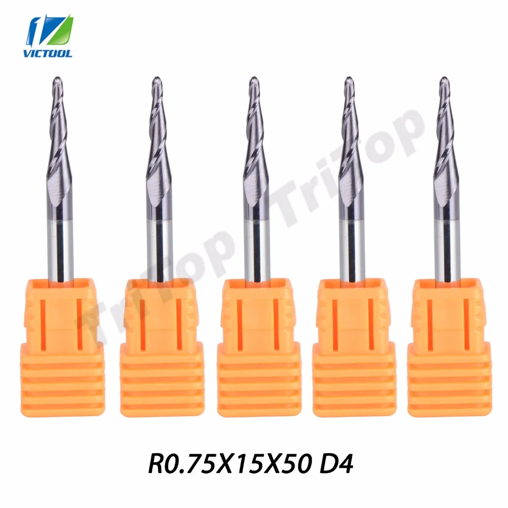 

5pcs/Lot R0.75*D4*15*50L*2F HRC55 Tungsten Solid Carbide Coated Tapered Taper Ball Nose End Mill Cone Type CNC Milling Cutter
