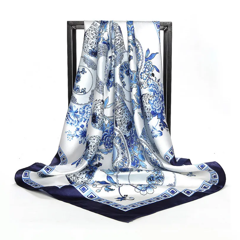 blue white Дизайн женский Шелковый большой квадратный шелковый шарф из полиэстера, 90*90 см горячая Распродажа атласный шарф с принтом для весны, лета, осени, зимы - Цвет: blue white