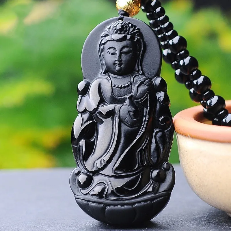 Ожерелье с подвеской AURAREIKI Obsidian Guanyin буддийский амулет Natrual резной кулон ретро