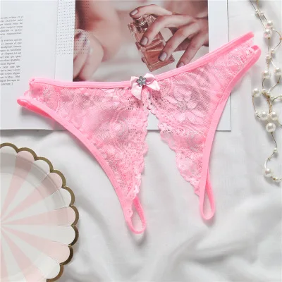 Pink VDOGRIR, сексуальные трусики, открытая промежность, порно, кружевное нижнее белье, с вырезами, прозрачное женское белье, стринги, стринги с бантом, сексуальные трусы - Цвет: Pink