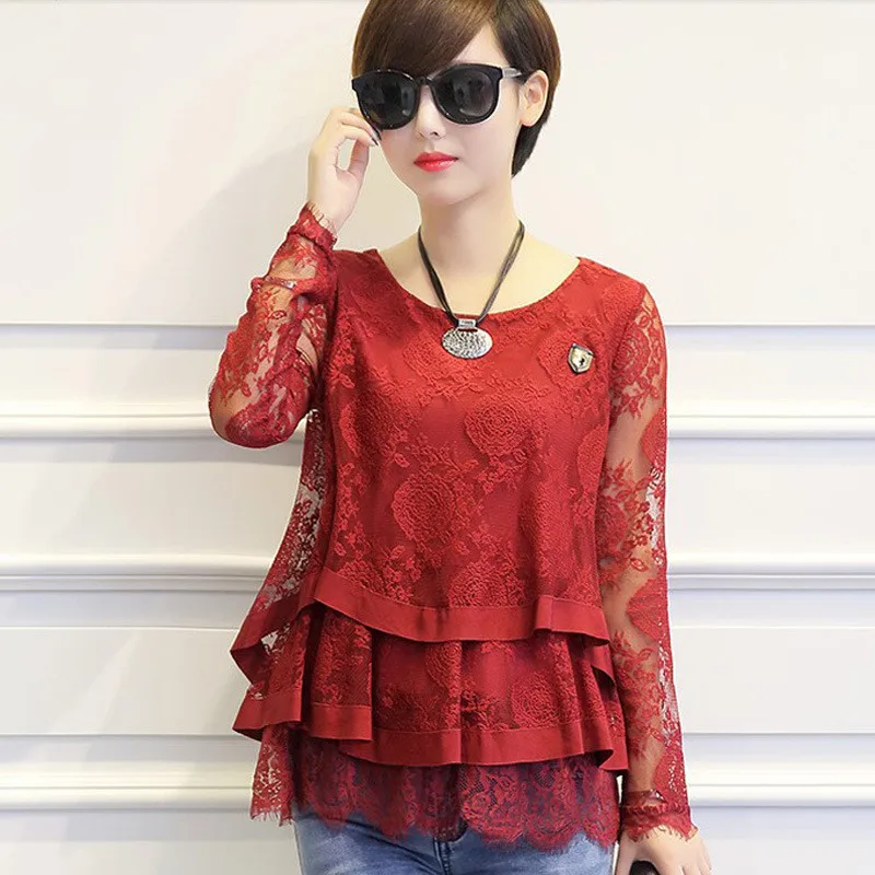 Красный Плюс Размеры M-4XL Blusas Для Женщин Осенние Топы Кружевная рубашка Блузка с длинными рукавами красные рубашки кружева топы, женские блузки, Blusas Femininas R2194 - Цвет: Красный