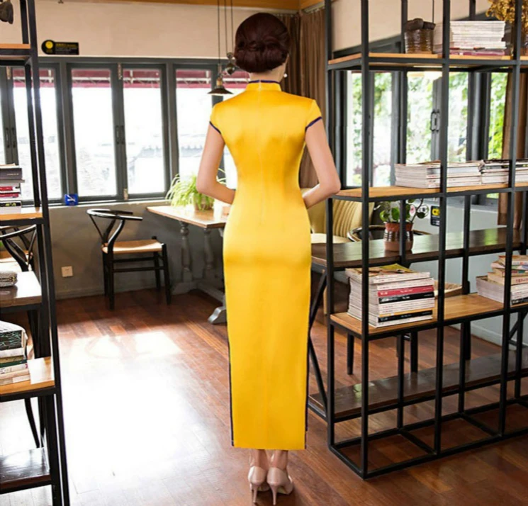 SHENG COCO женское желтое вечернее Ципао Длинные атласные платья Qipao банкетное платье с принтом сексуальное