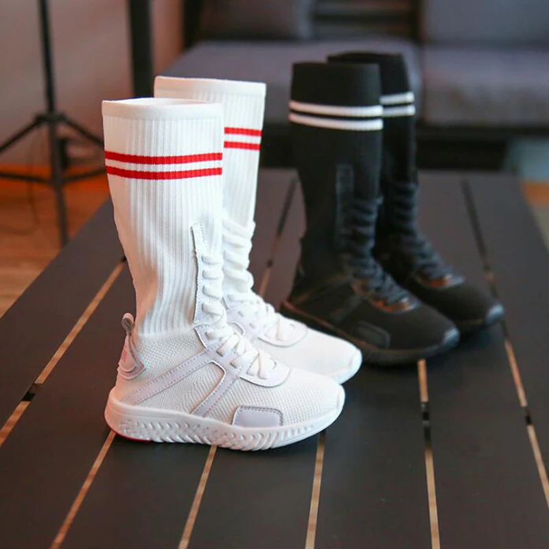 Детские сетчатые сапоги осень 2019 вязаные дышащие ботфорты для девочек модные