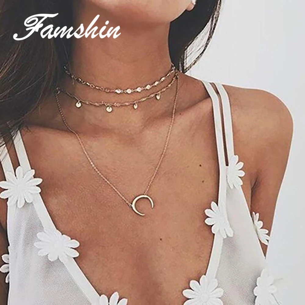 FAMSHIN Multilayer Crystal Moon Pendant Necklaces For Women Vintage Charm Choker Necklace Statement Party Jewelry Accessories | Украшения и