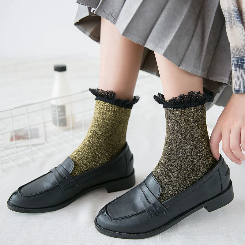 [EIOISAPRA] блестящие кружевные золотые серебряные шелковые носки Meias креативные