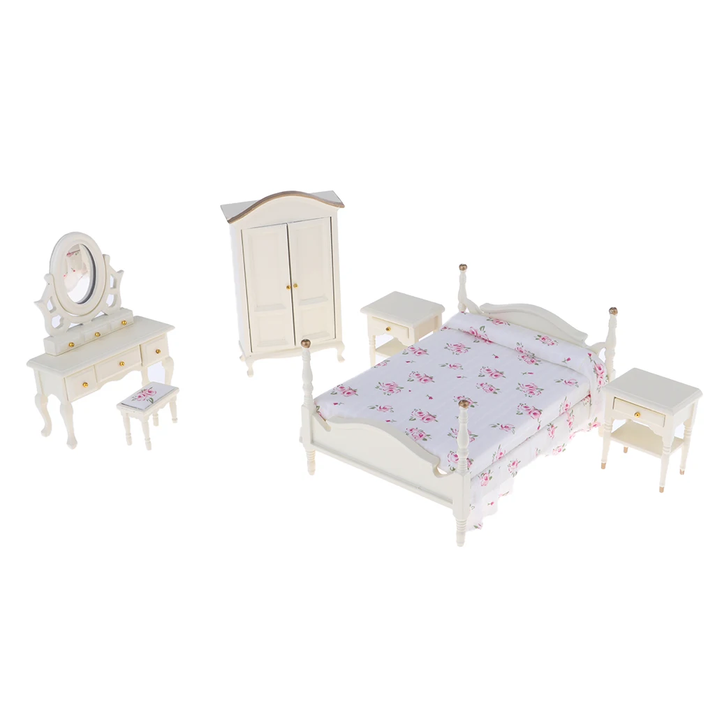 

12th Classic Wooden Dollhouse Bedroom Furniture Set -Bed, Beside Tables, Dresser, Stool and Wardrobe (6pcs) Bedroom Accessory