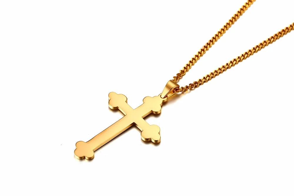 Gold-Color Big Long Flower Cross Pendant Statement Necklace Men Jewelry Religion Jesus Stainless Steel Necklaces &amp Pendants | Украшения