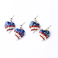 ladys simple heart shaped pendant american flag shiny pave crystal enamel golden drop earring fine jewelry