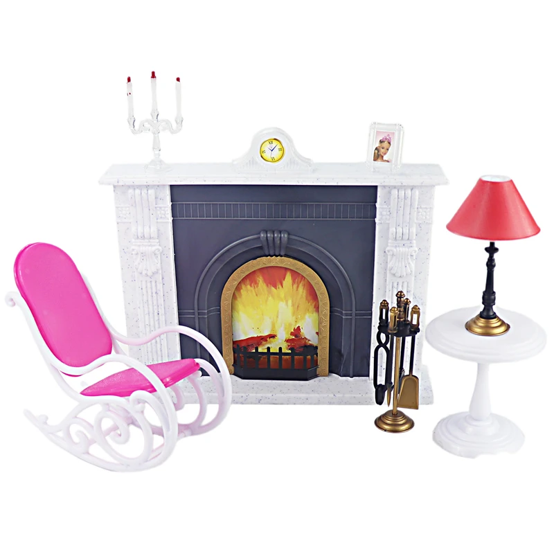 For Barbie Furniture Hearth Miniature Fireplace Play Set with Rocking Chair Desk Lamp Tools for 1/6 Doll Accessories DIY Toy | Игрушки и