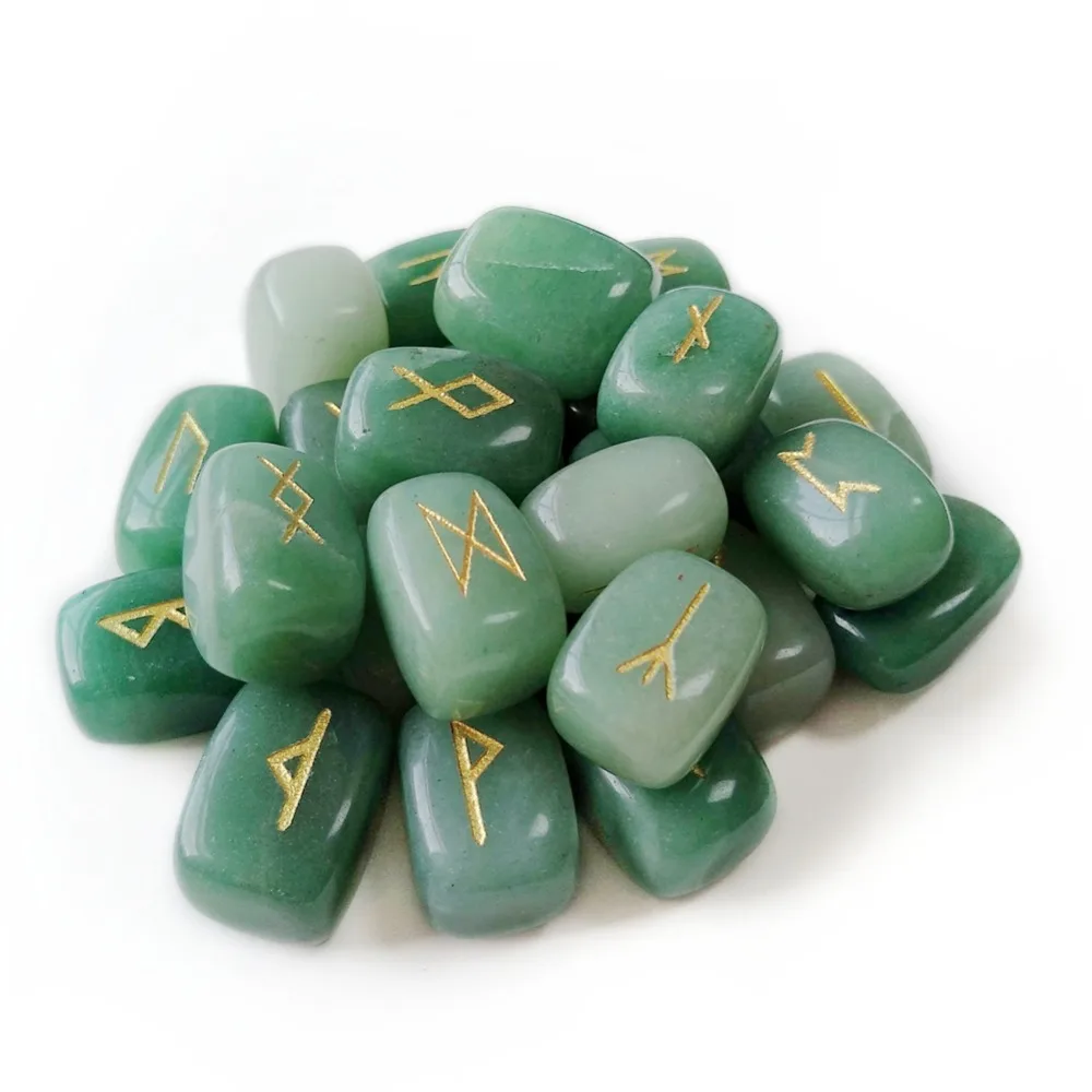 

Meet Jo 25pcs Natural Green Aventurine Crystal Stone Viking Runes Amulet Set Reiki Healing Tumbled Stones Crystals Divination