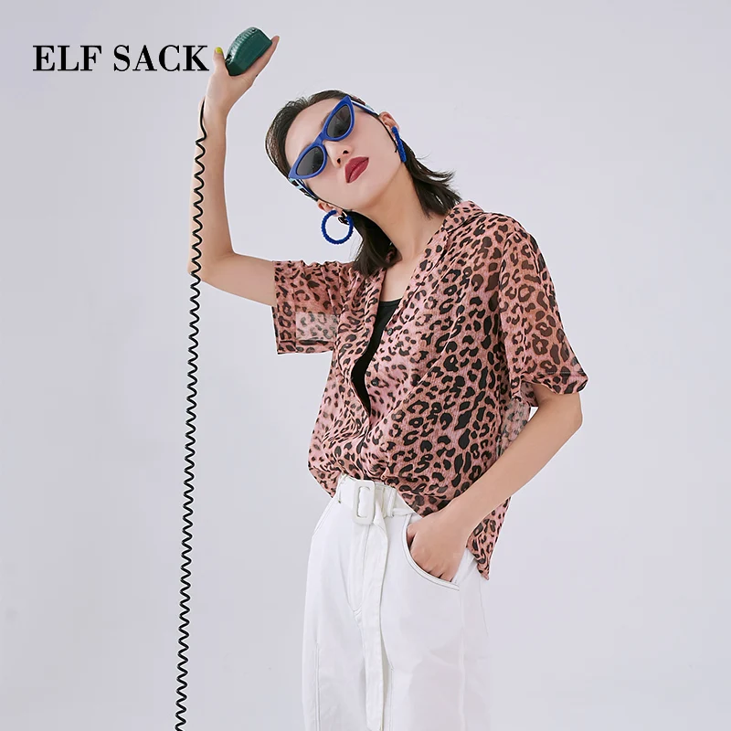 Женская леопардовая шифоновая рубашка ELF SACK Розовая летняя свободная блузка для