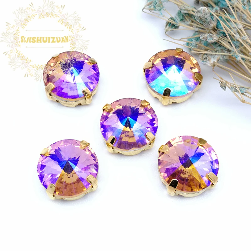 Круглые стеклянные стразы AB красного цвета для пришивания с золотым когтем