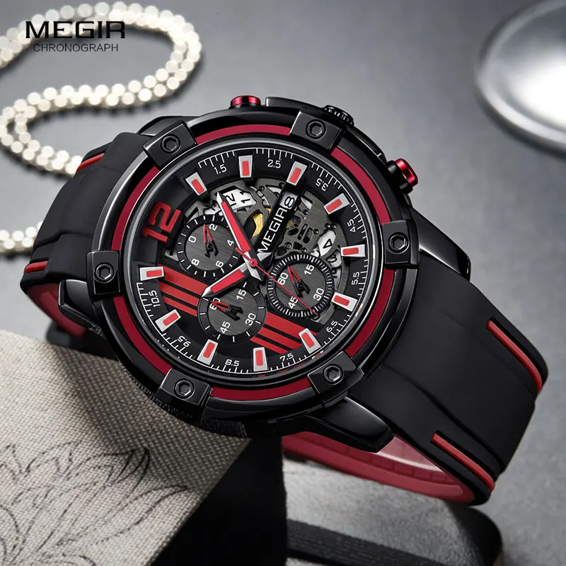 

Megir Military Sports Watches Men Chronograph Quartz Watch Man Luxury Waterproof Wristwatch Relogios Masculino 2097 Black Red