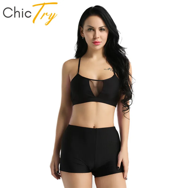 

ChicTry Women Sleeveless Mesh Splice Gymnastics Ballet Shorts Crop Tops Set Adult Activewear Sports Fitness Stretchy Dance Wear