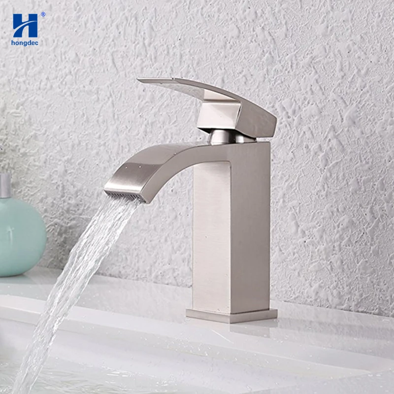 

Hongdec High quality Single Handle Waterfall Bathroom basin tap sink Faucet Brushed Nickel