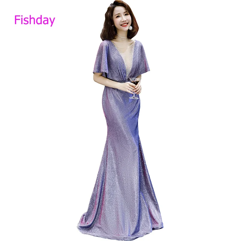 Fishday Вечерние платья Длинные пикантные фиолетовые Русалка Кристалл V шеи блесток