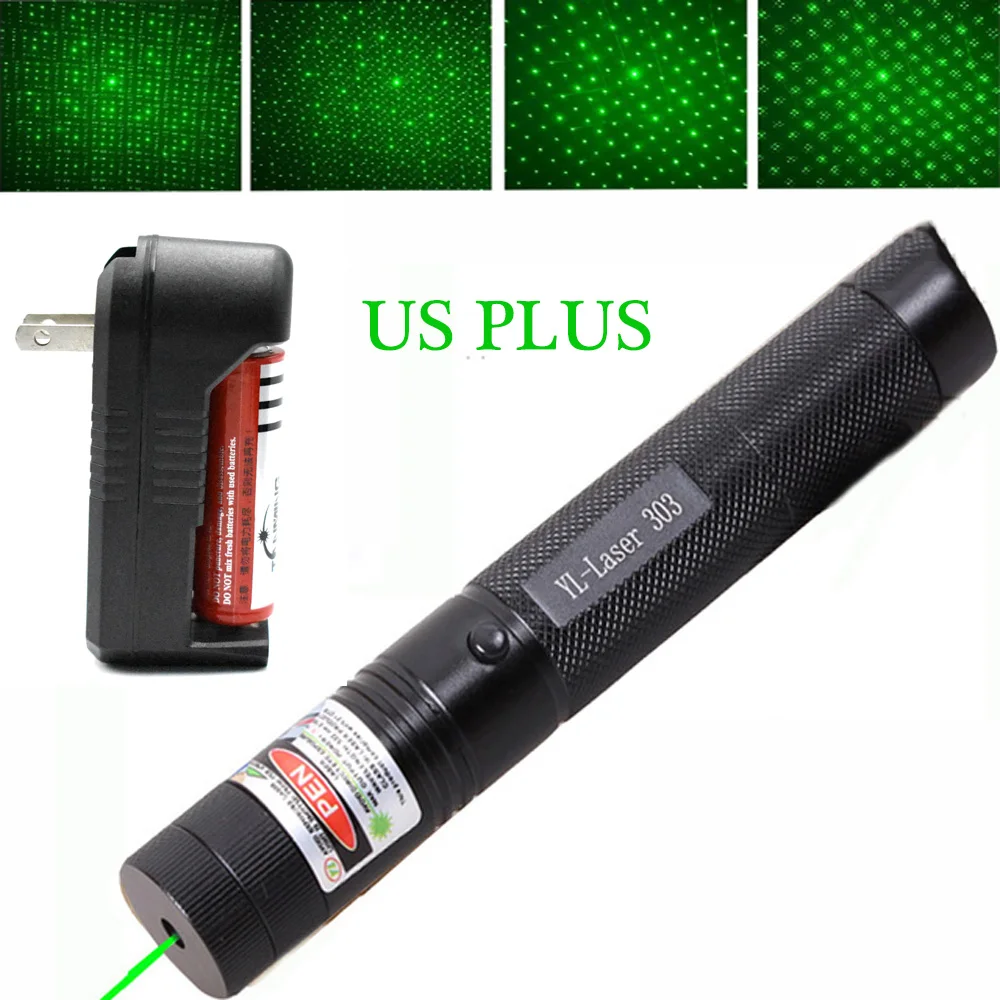 Green laser US Зеленая лазерная указка мощная красная лазерная синяя указка смотровое устройство Регулируемый фокус Lazer 303, выберите зарядное устройство и 18650 аккумулятор - Цвет: Green laser US