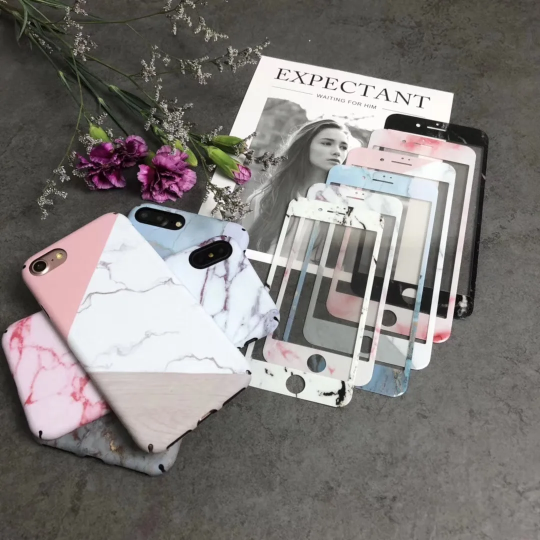 For iPhone X Marble Case + Tempered Glass matte hard PC back Cover for 7/ 7plus / 8/ 6s plus Screen color film fundas |