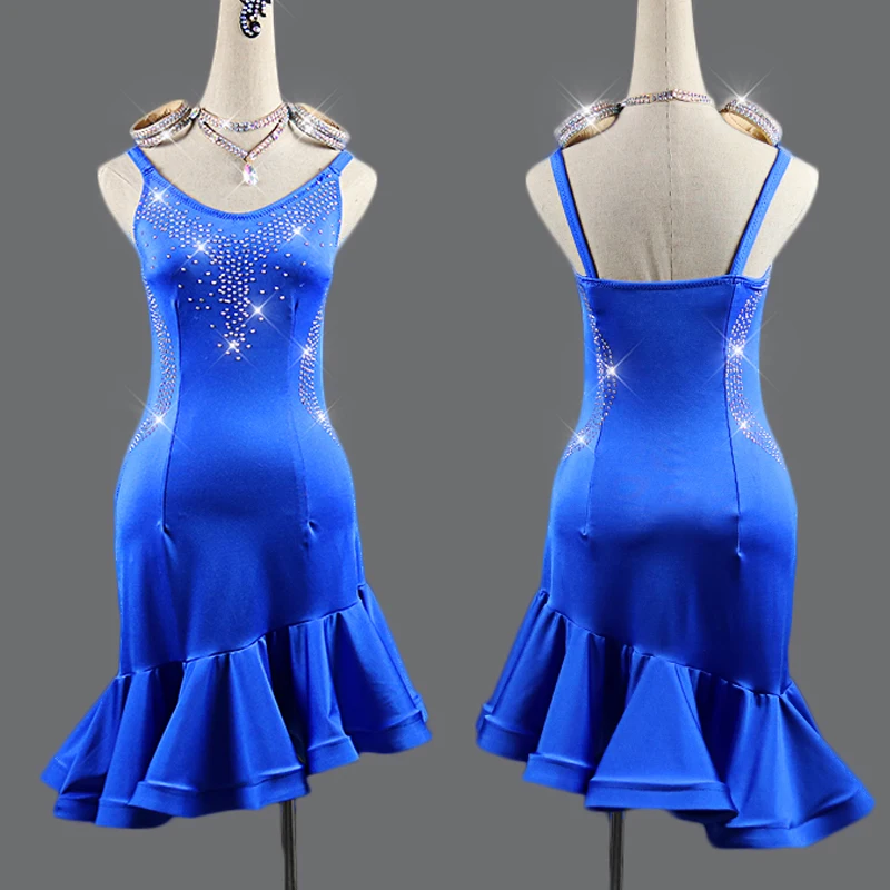 

Latin Dance Dress Women Adult Blue Latin Dress Three Steps Cha Cha/Rumba Professional Ladies Latin Competition Dresses VD401