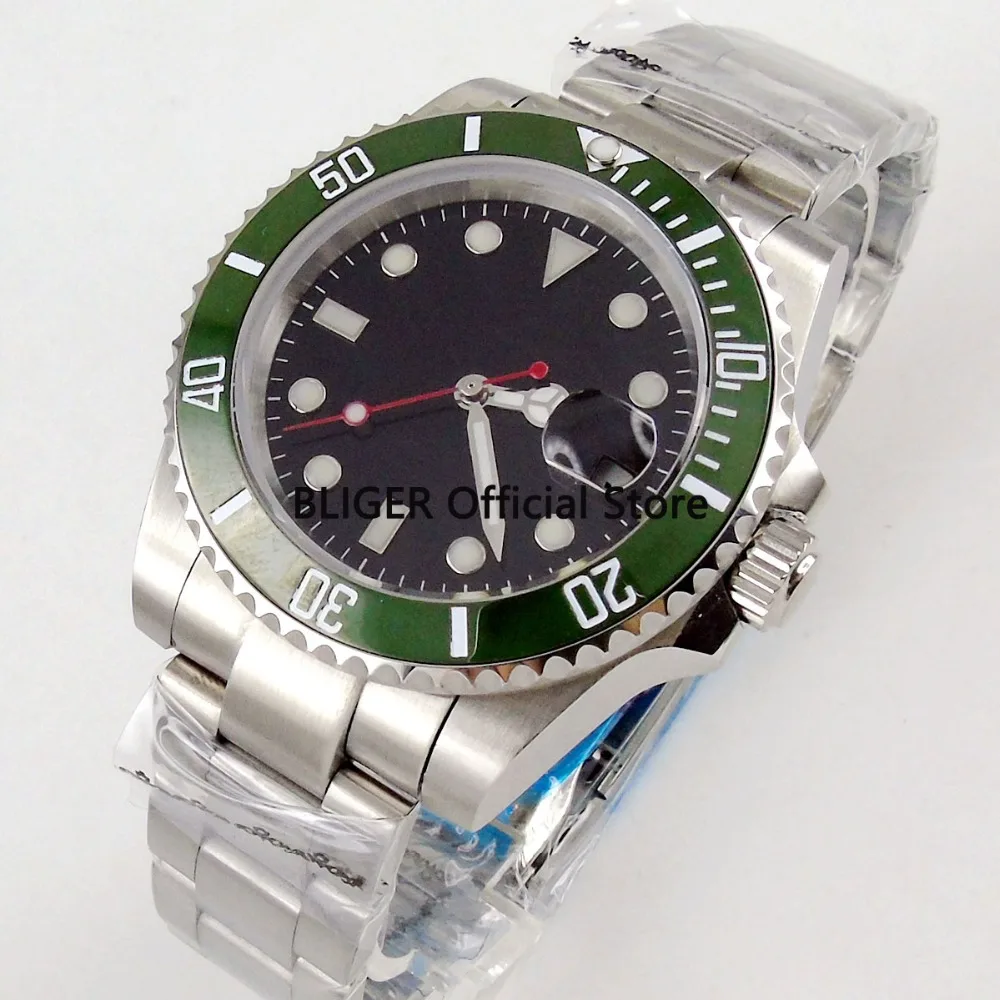 NH35 MIYOTA BLIGER 40mm Black Sterile Dial Green Ceramic Rotating Bezel Stainless Band Miyota Automatic Movement Men s Watch
