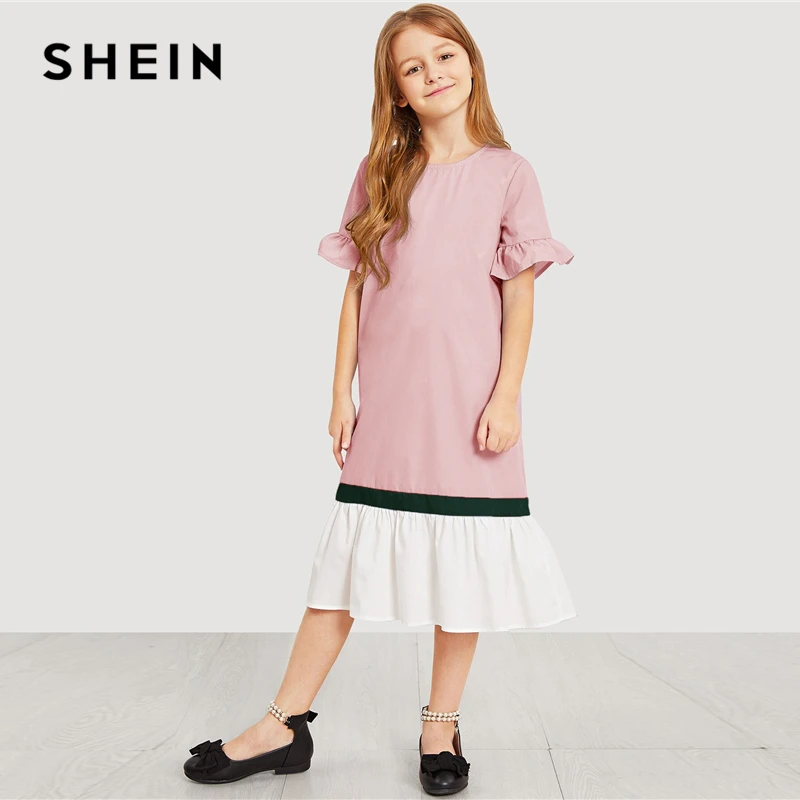 SHEIN детский вырез на спине, вставками и гофрированное, с пуговицами, туника, для девочки-подростка вечерние миди платье Лето Цельнокройное повседневные платья для девочек