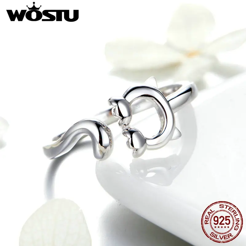 WOSTU подлинное 925 пробы серебряное Китти кот длинный хвост кольцо для свадьбы