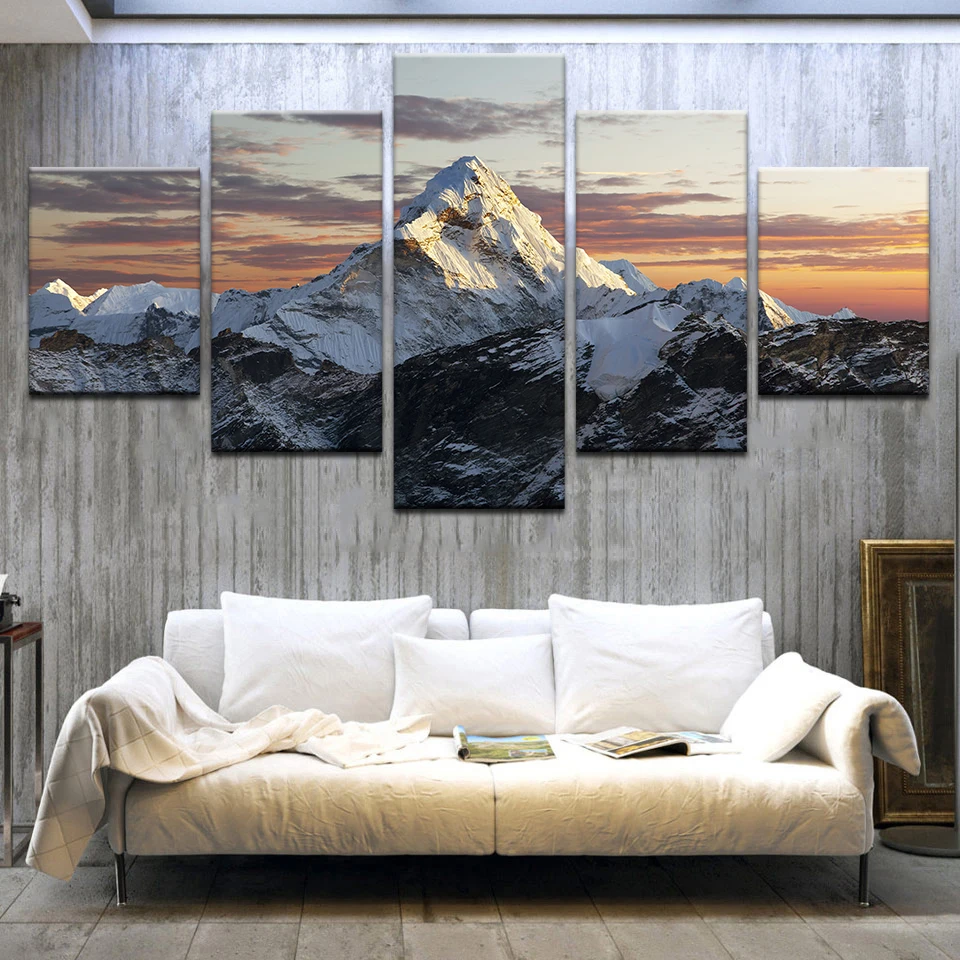 5 панель HD Печать снег горы и закат светящиеся плакаты пейзаж печать на холсте