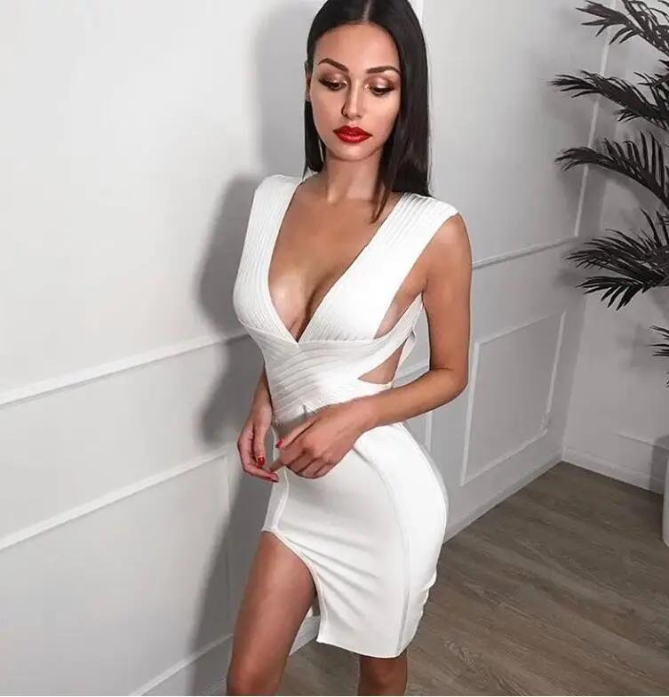 Высокое качество сексуальное с v образным вырезом зеленое белое Бандажное платье