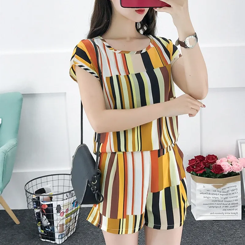 Шифоновые короткие штаны комплект из 2 предметов шорты Женский Цветной полосатый