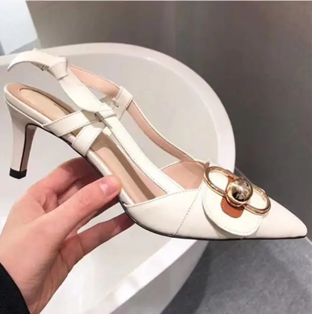 

Back Strap Pointy Toe Belt Buckle Sandals Woman New Summer High Heel F Letter Ladies Dress Party Shoes White Wedding Pumps