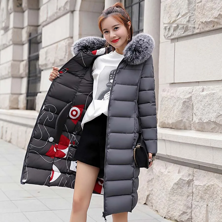 Gray MANDADI winter clothes women fashion cotton padded winter coat women fur collar outerwear hooded print long jacket female - Цвет: Gray