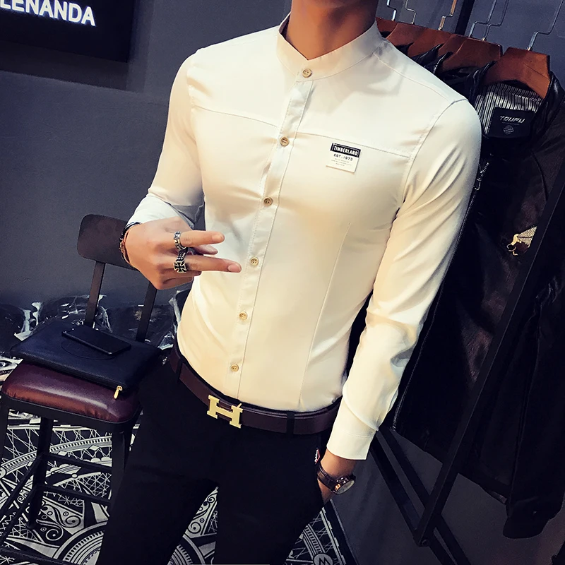 Одежда высшего качества Для мужчин рубашка Slim Fit простой с длинным рукавом