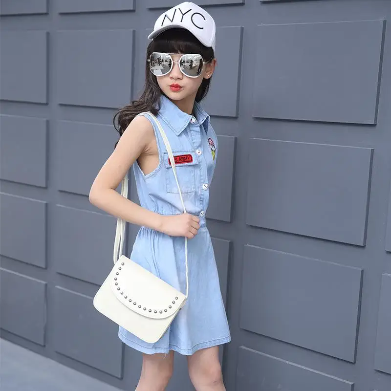 Washed Denim Girls Dress 2018 New Summer Sleeveless Kids Dresses for 5 6 7 8 9 10 11 12 13 14 Year Teens Children Clothing | Детская