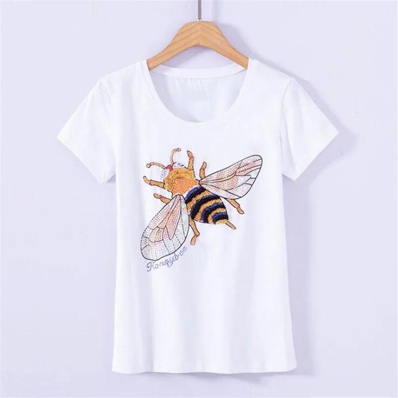 Женская одежда летние футболки женские топы с блестками и принтом пчелы круглым