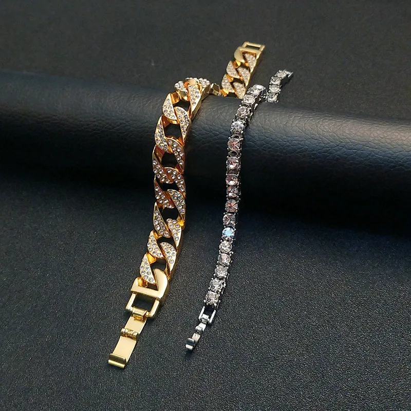 В стиле «хип-хоп» 1 комплект Полный Стразы Bling льдом Для мужчин браслет со стразами золотые Майами КУБИНСКИЙ звено цепи Браслеты для Для мужчин, ювелирное изделие, Дропшип
