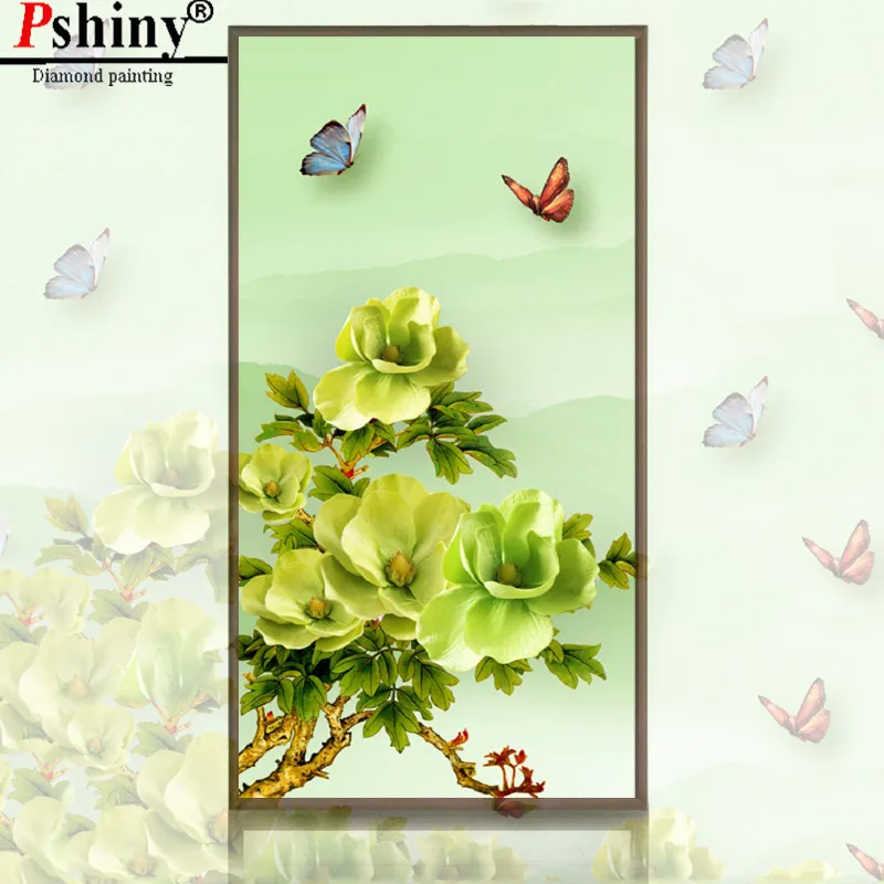 PSHINY DIY Вышивка с бриллиантами продажа зеленый цветок картины из кристаллов