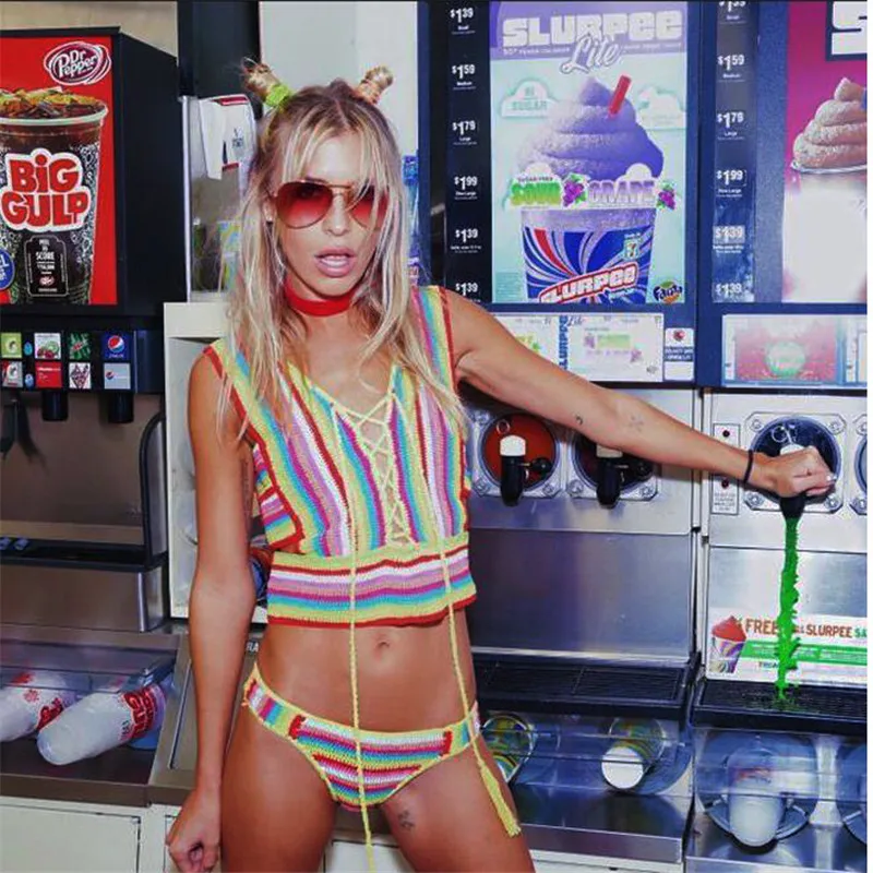 Женский купальник бикини пляжный трикотажный с радужным принтом танкини лето