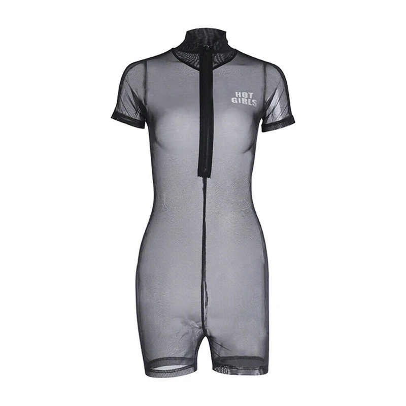 

New Sexy Women See Through Playsuit 2019 Summer Sheer Mesh Short Sleeve Zipper Jumpsuit Romper Women Party Club Leotard Playsuit
