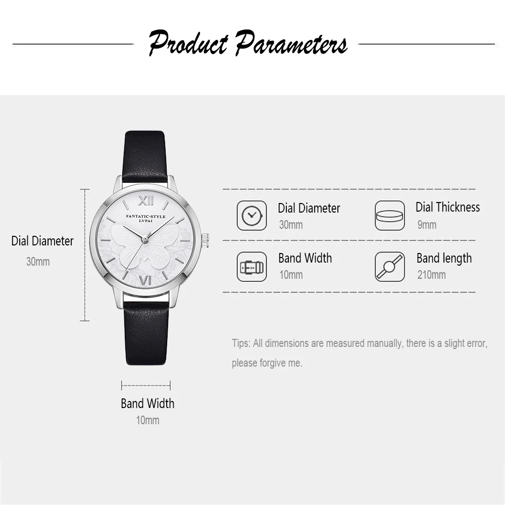 Lvpai Брендовые женские часы с кожаным ремешком и тисненой бабочкой серебристого