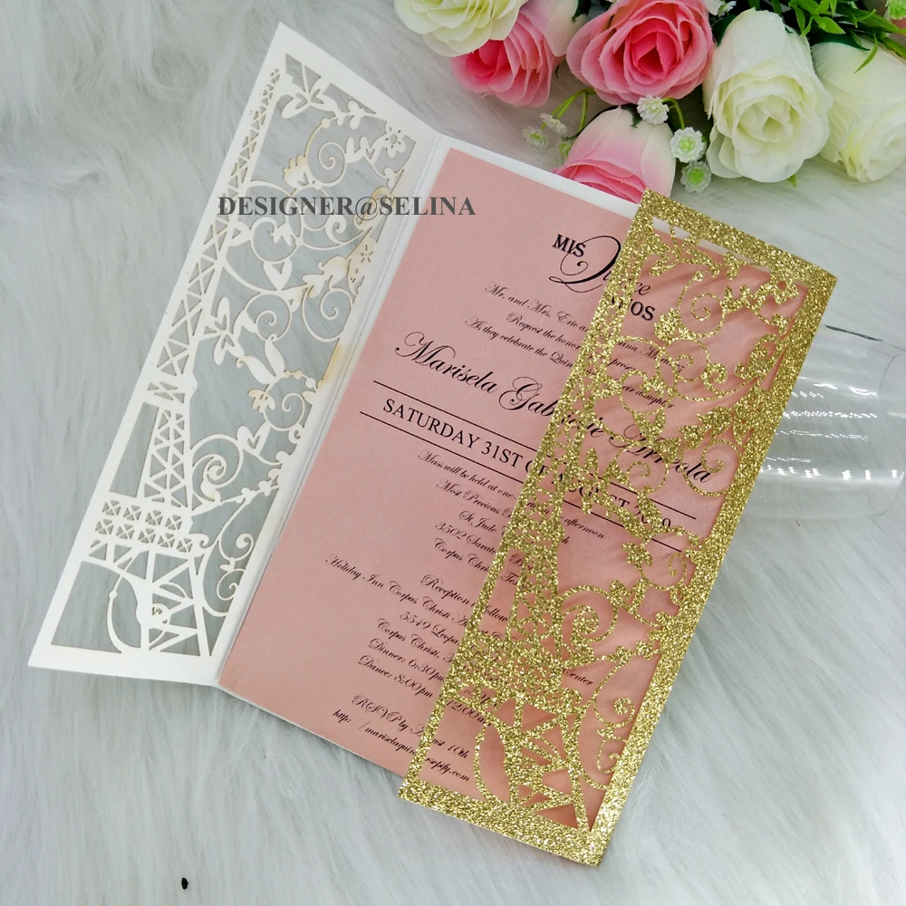 Блестящие свадебные приглашения в виде башни с лентой и конвертом женское