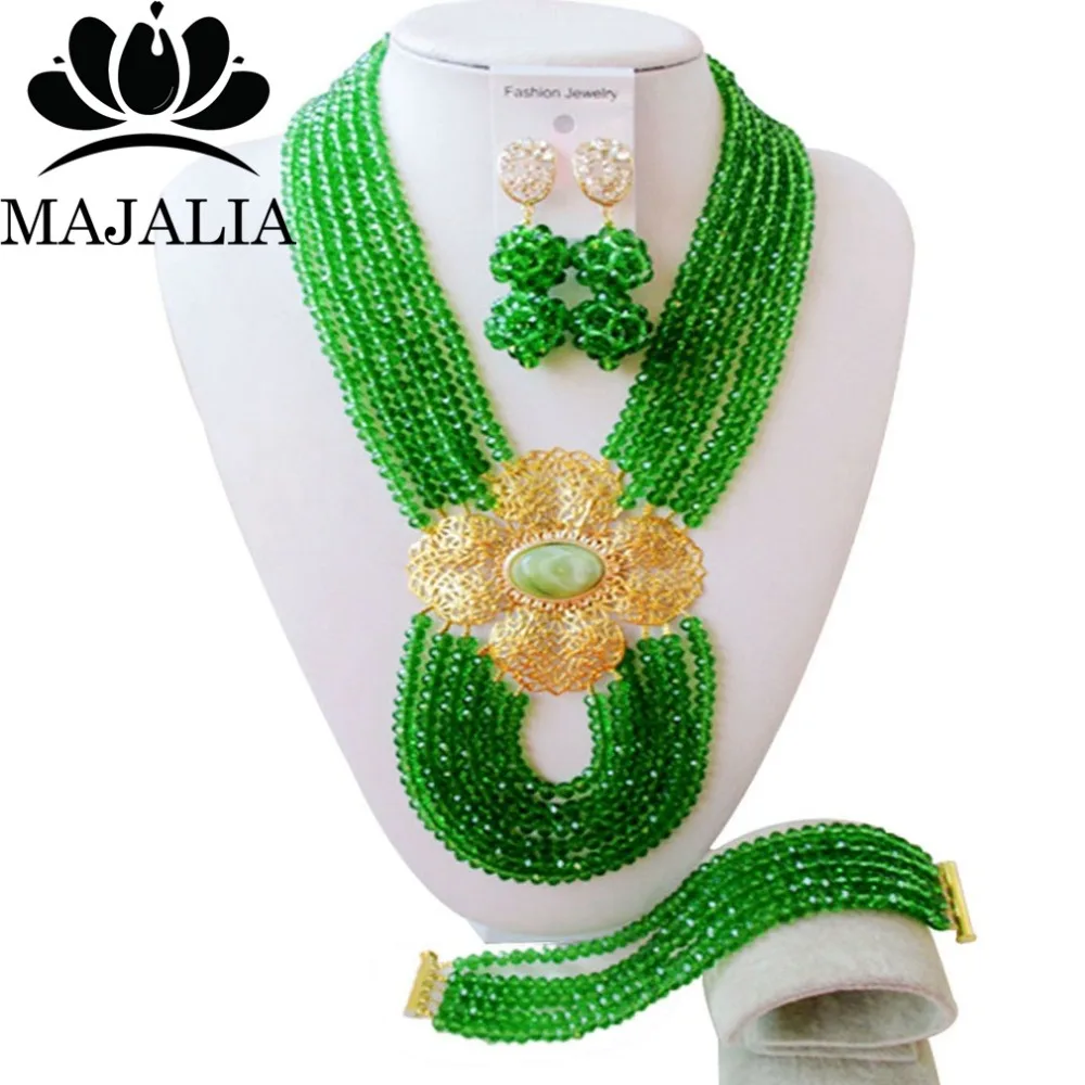 

Trendy Nigeria Wedding african beads jewelry set green crystal necklace bracelet earrings Free shipping MO-1914