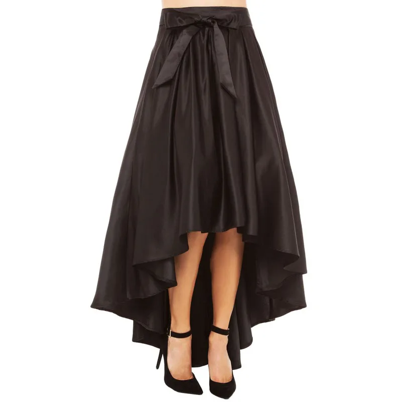 

Plus Size Black Hi Lo Long Skirt High Quality Solid Satin Saia Pleated Maxi Skirt with Sash Customized Formal Party Skirt Women