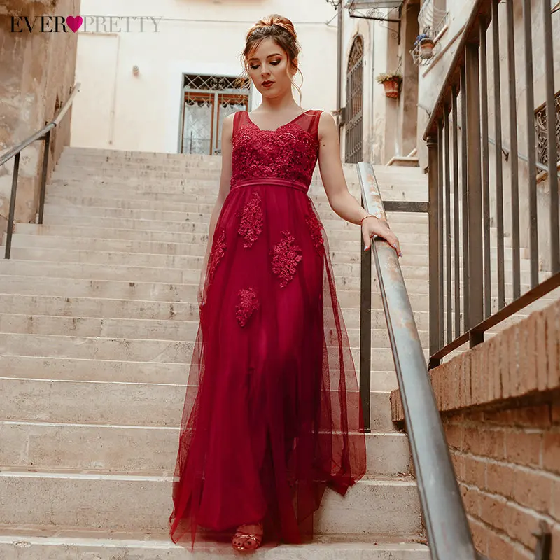 Black Prom Dresses Elegant Ever Pretty EP07723 New Arrival A-line Sleeveless Tulle Burgundy Long Party Gowns Vestido De Gala